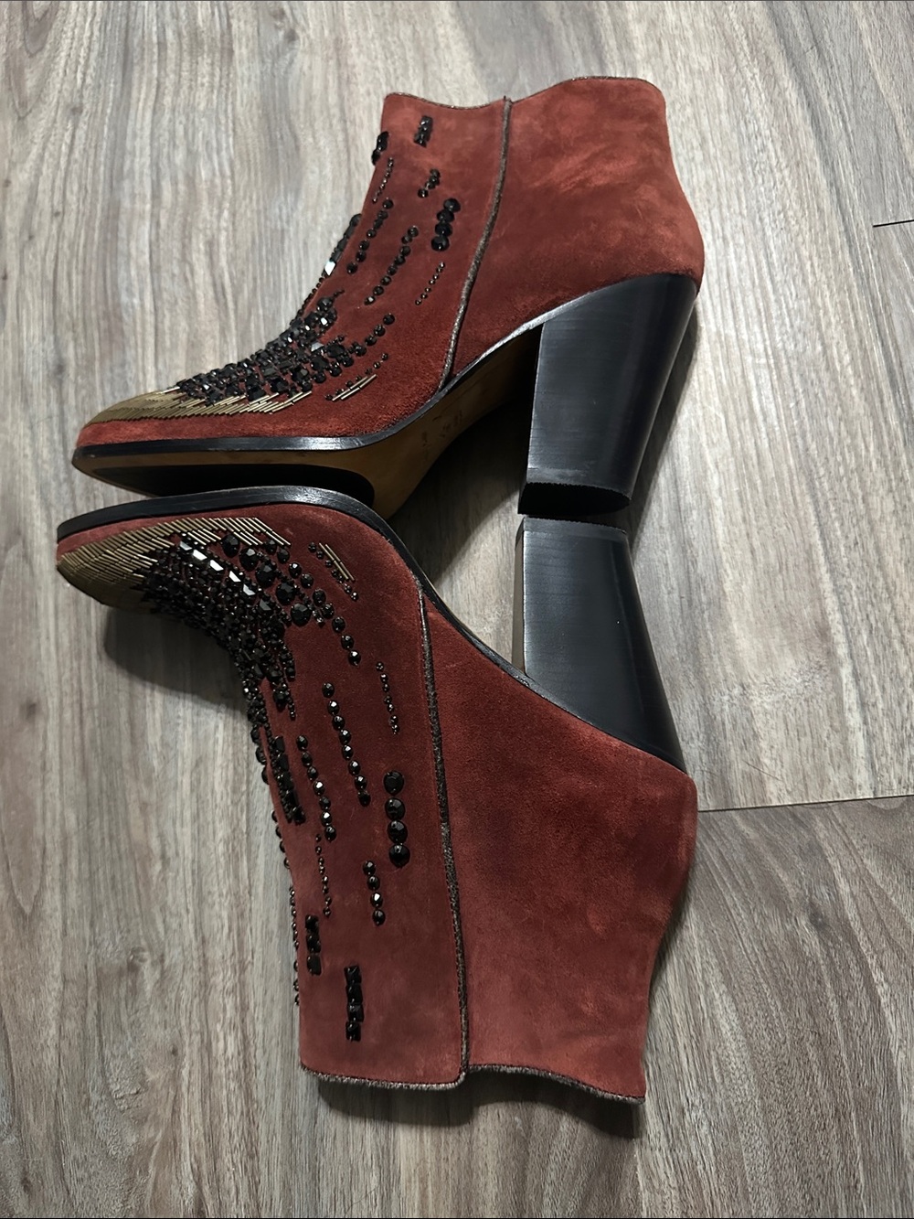 Donald J. Pliner Rust Suede Embellished Ankle Boots with Gold Toe - Picture 12 of 12